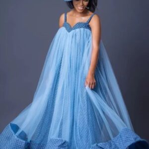 Flared Strapless Shweshwe Dress with Tulle and Matching Cap Flared Strapless Shweshwe Dress with Tulle and Matching Cap