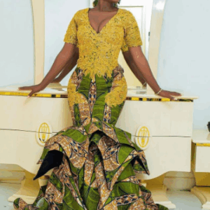 Short Sleeved African Print Dress with Lace top