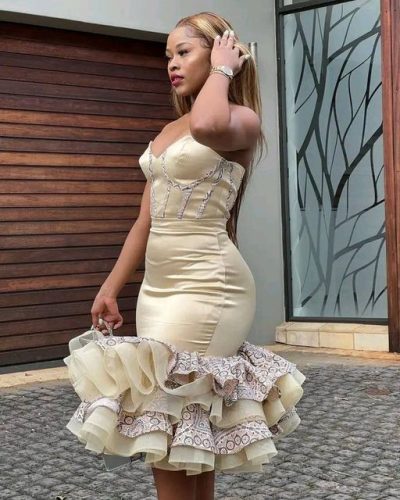 Cream Shweshwe Dress by Yayas Traditional Fashion Attires