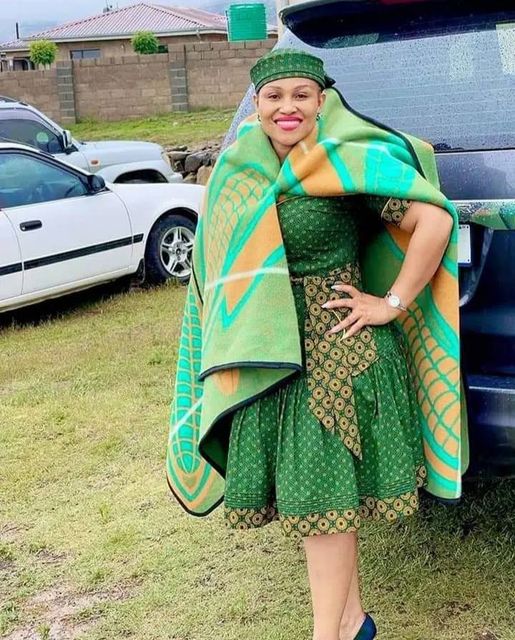 Green Sotho Shweshwe Dress for makoti by Traditional attire Shweshwe dresses