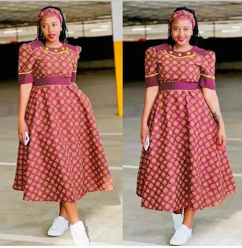 Half Sleeve Sotho Dress by Traditional attire Shweshwe dresses