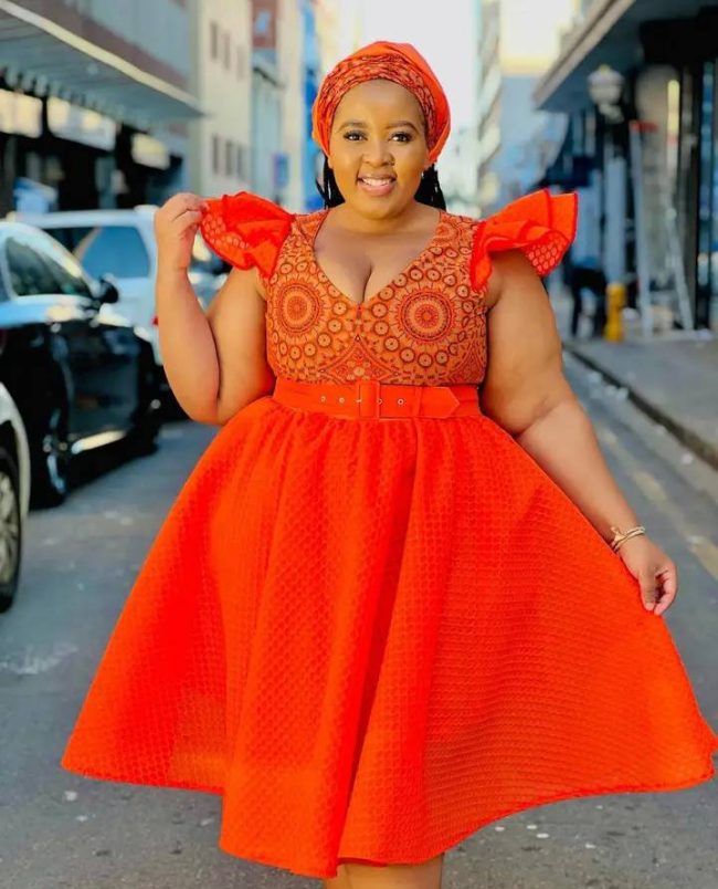 Orange Plus Size Shweshwe Dress by Traditional attire Shweshwe dresses