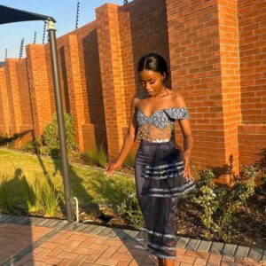 Shweshwe Dress with Tulle by Yayas Traditional Fashion Attires Shweshwe Dress with Tulle by Yayas Traditional Fashion Attires