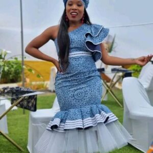 Shweshwe Dress with Tulle by Yayas Traditional Fashion Attires Shweshwe Dress with Tulle by Yayas Traditional Fashion Attires