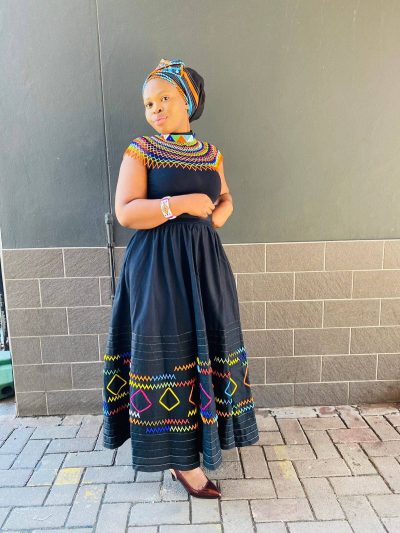 Black modern Xhosa dress by Nompilo Mzizi