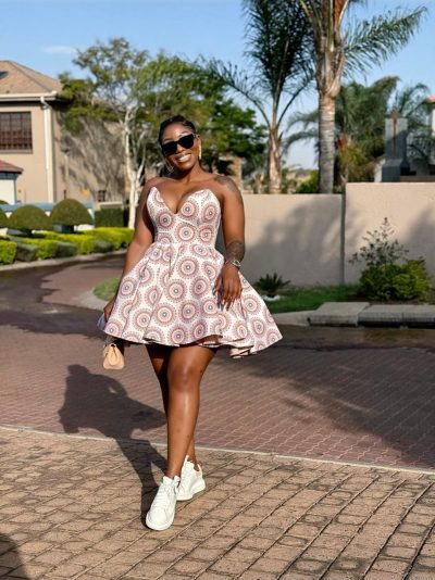 Short Strapless Shweshwe Dress by Styles By Tumi