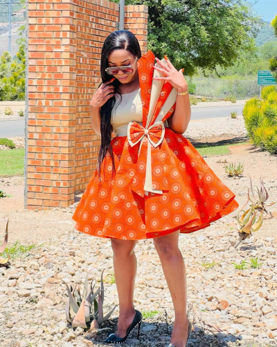 Cream ad Orange Shweshwe Dress by Styles By Tumi