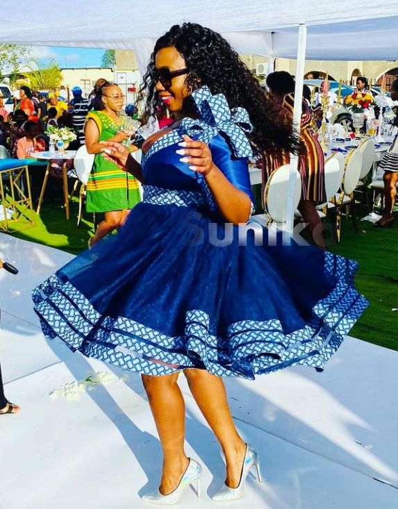 Short Shweshwe Dress with Tulle Blue