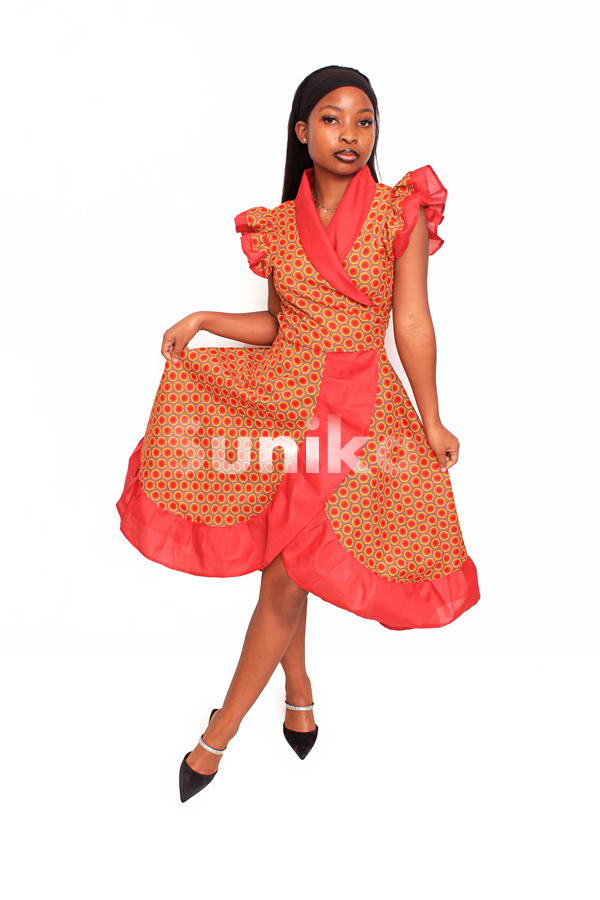 Red Pinifa Dress with Frill Sleeves